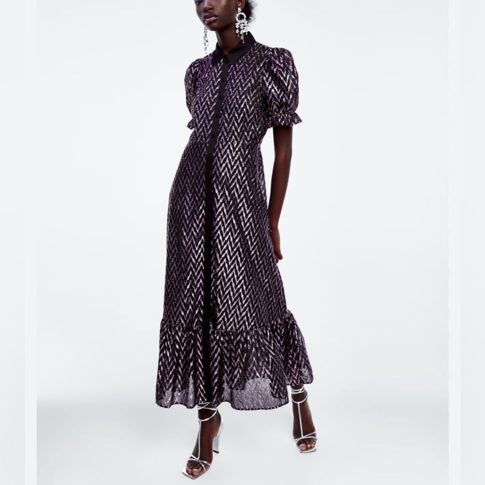 NWT Zara metallic pink and black zigzag button-down maxi dress XS
